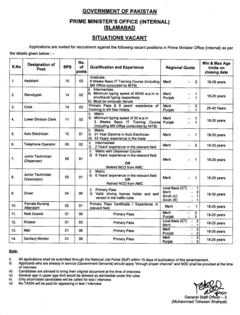 Prime Minister Office Jobs Advertisement 2026