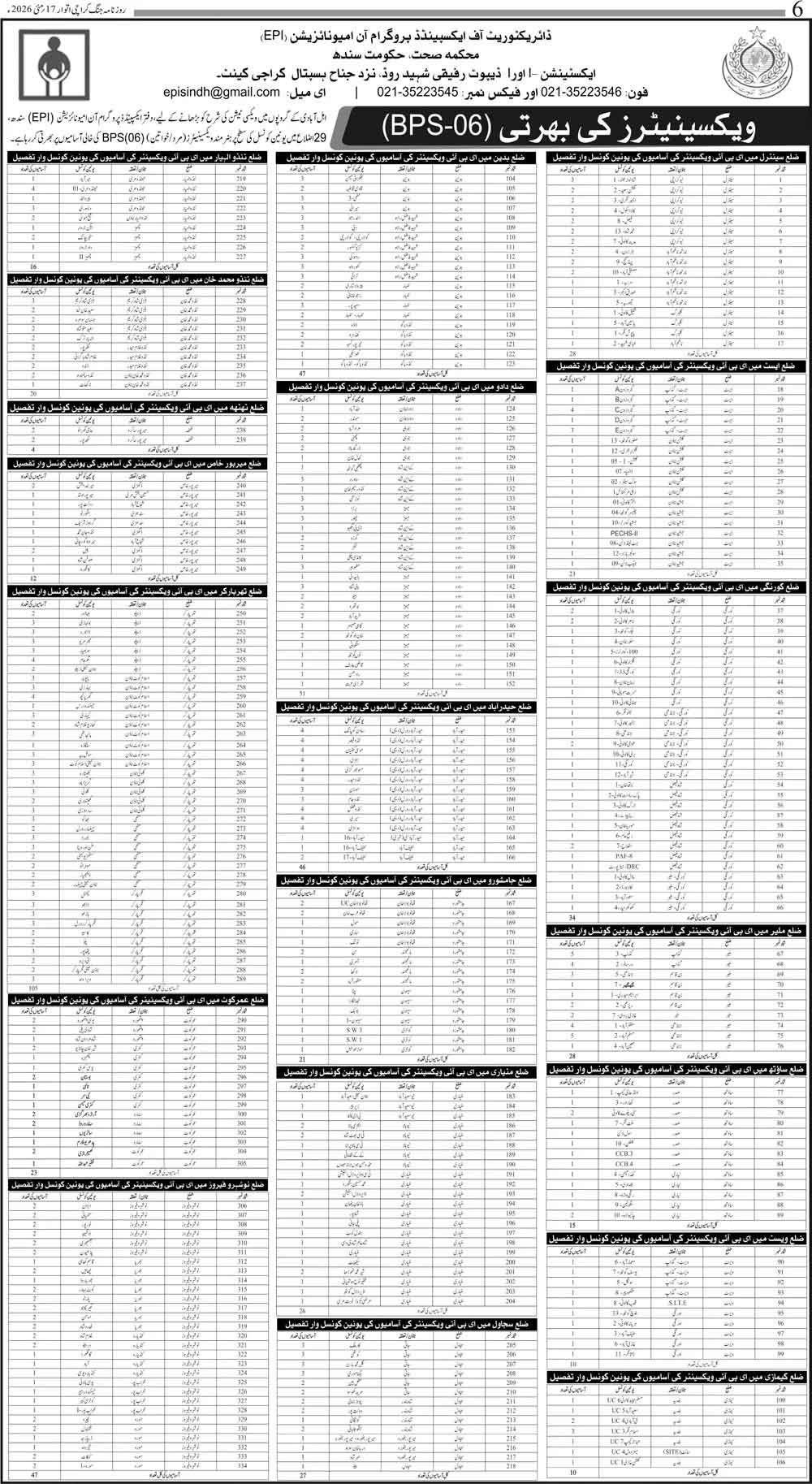 NTS EPI Sindh Vaccinator Jobs Advertisement 