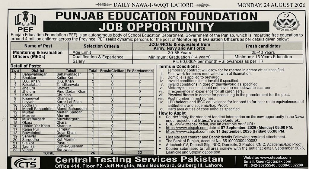 PEF Monitoring and Evaluation Officer Jobs advertisement 