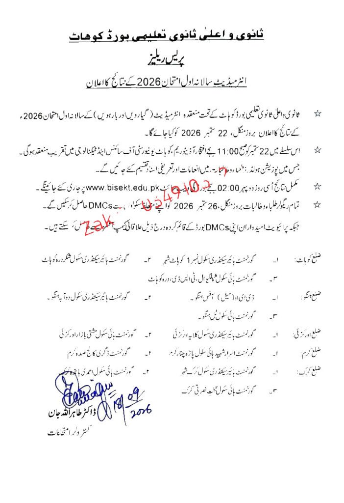 BISE Kohat board result notification