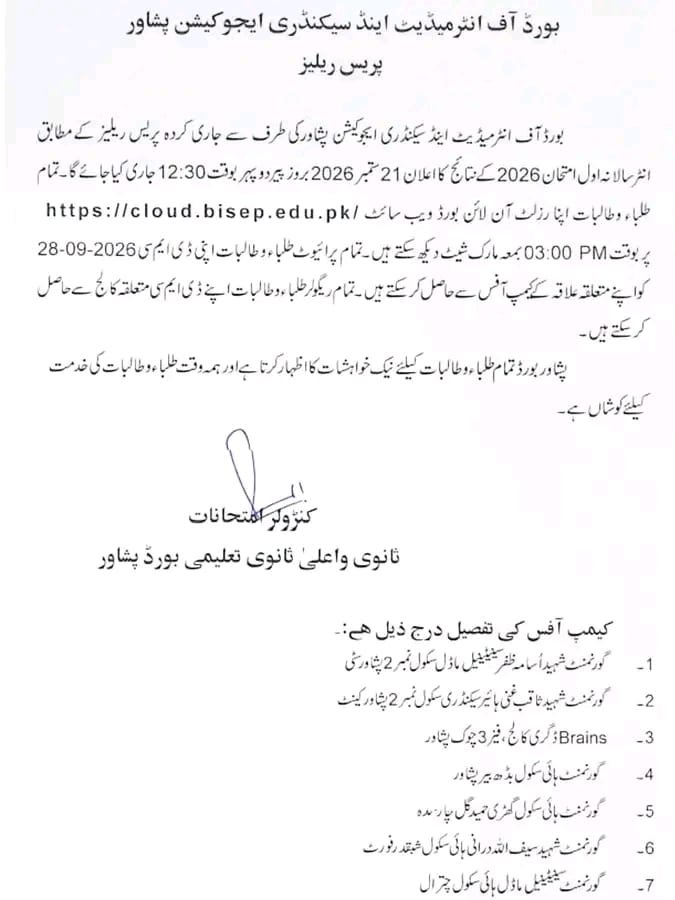 BISE Peshawar Board result 2026 