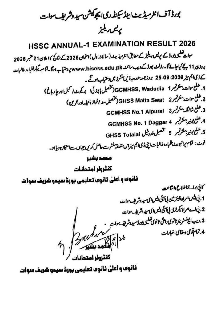 BISE Swat Board HSSC Result 2026
